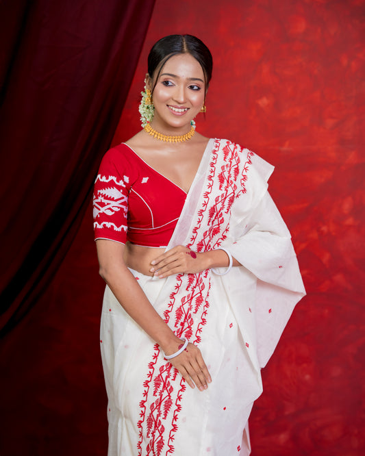 Premium White & Red Handloom Threadwork Saree