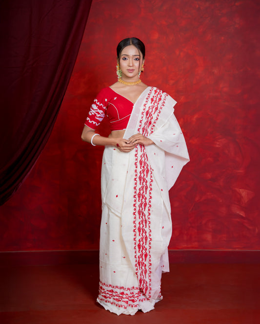 Premium White & Red Handloom Threadwork Saree