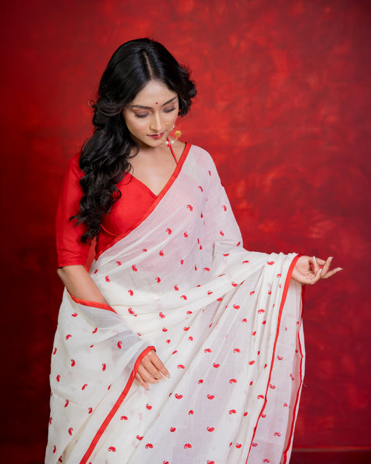 Handwoven White & Red Kolka Motif Cotton Saree