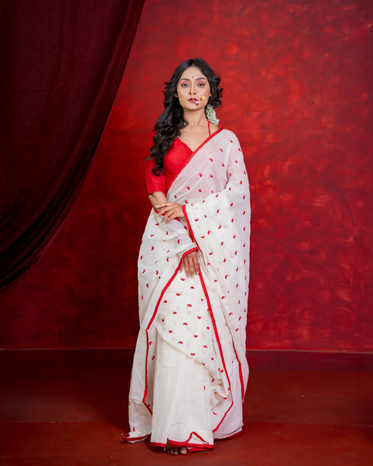 Handwoven White & Red Kolka Motif Cotton Saree