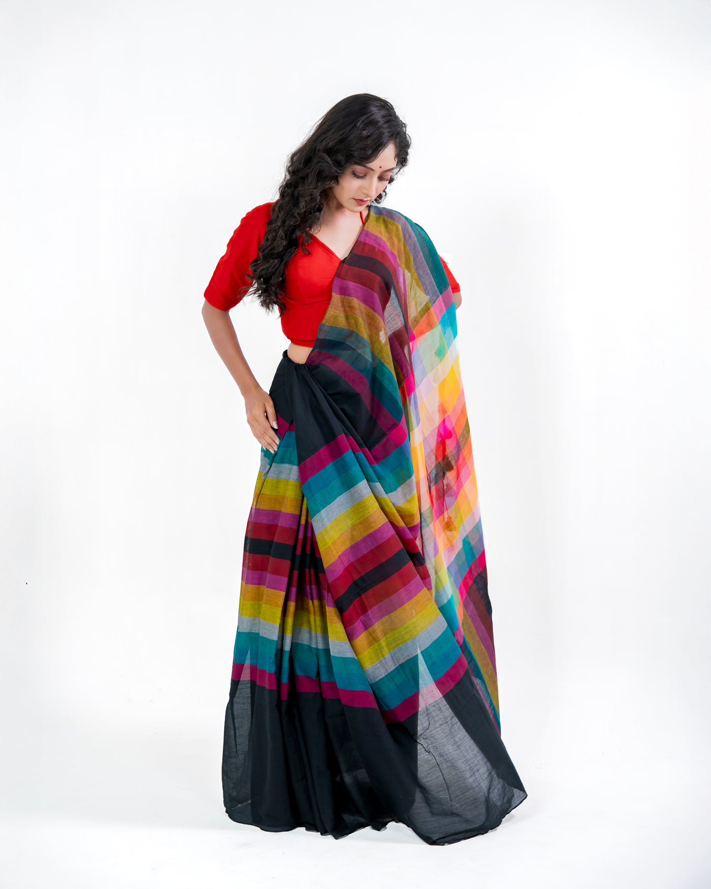 Rainbow Stripe Mul Cotton Saree