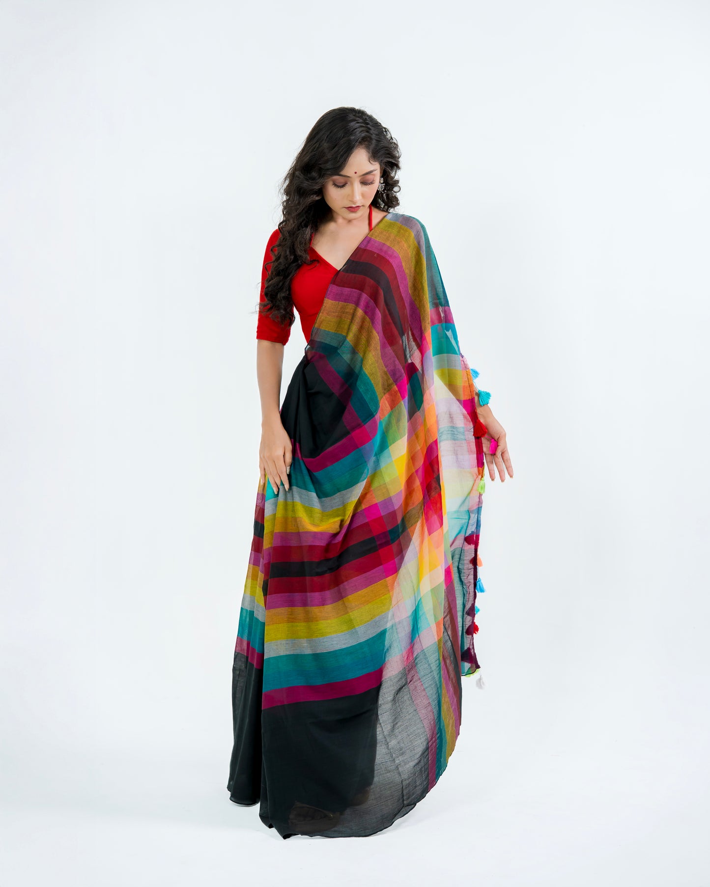 Rainbow Stripe Mul Cotton Saree