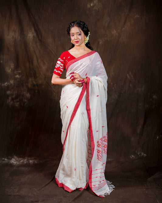 Premium White & Red Khadi Saree with Handcrafted Motifs