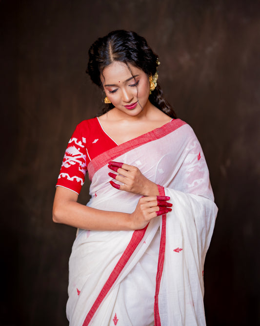 Premium White & Red Khadi Saree with Handcrafted Motifs
