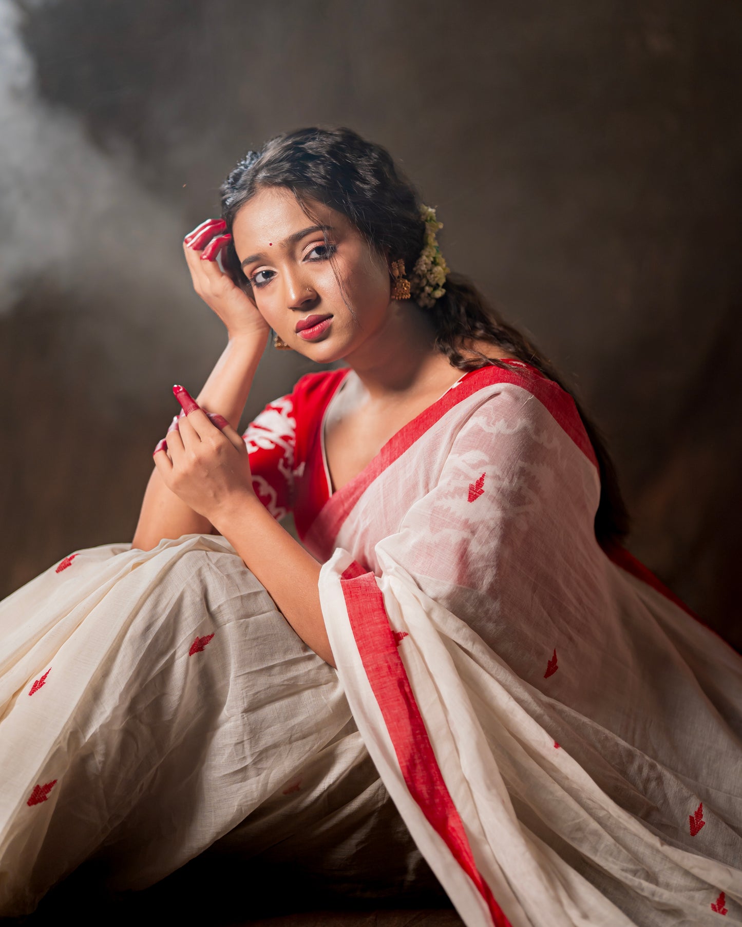 Premium White & Red Khadi Saree with Handcrafted Motifs