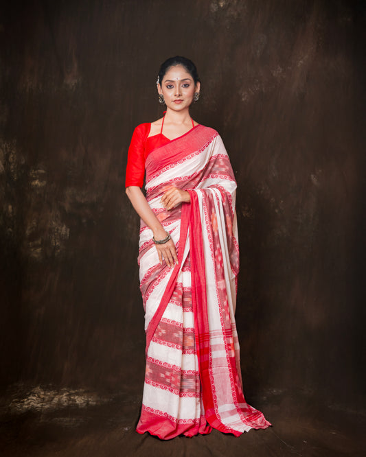 Premium White & Red Dhonekhali Saree