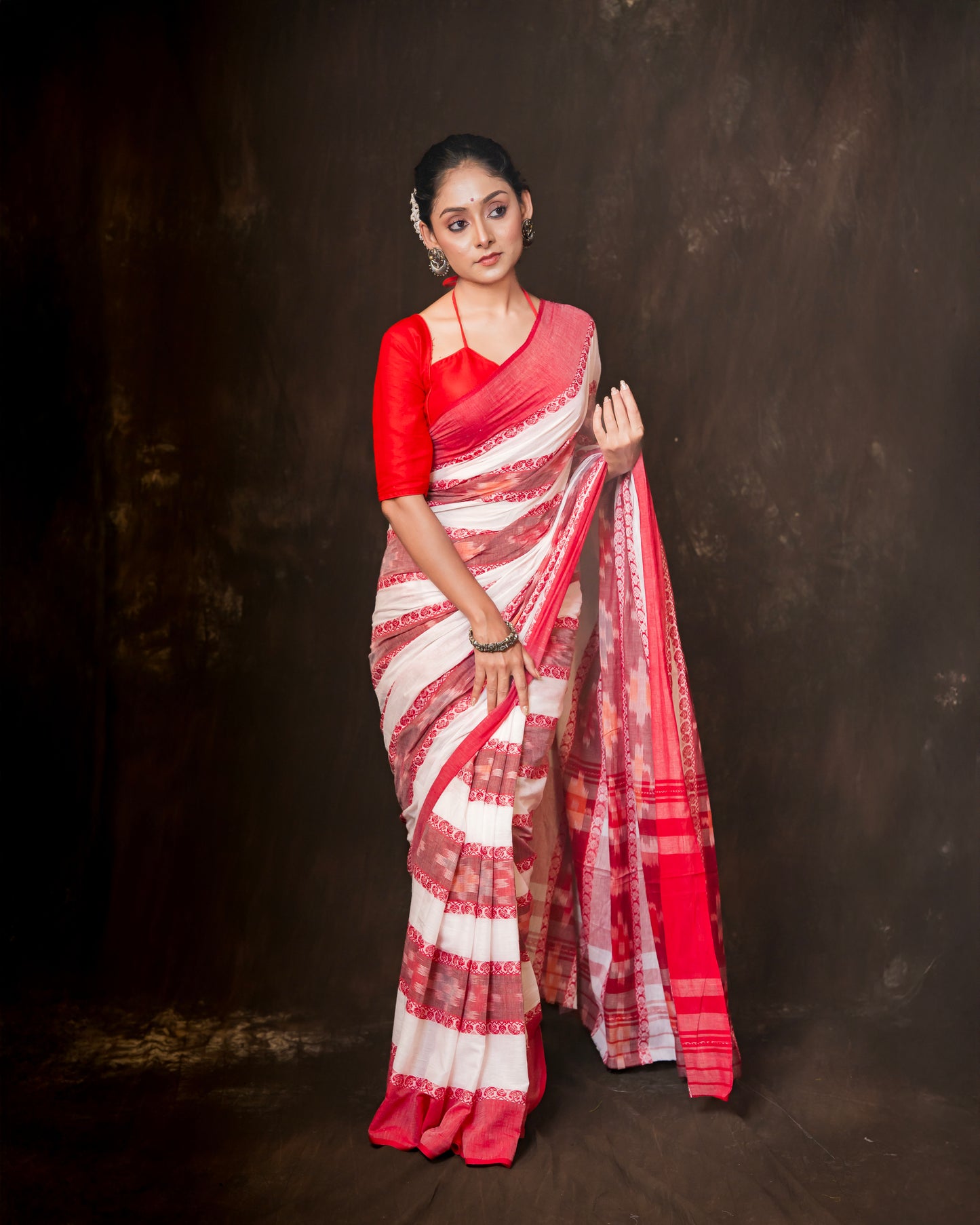 Premium White & Red Dhonekhali Saree