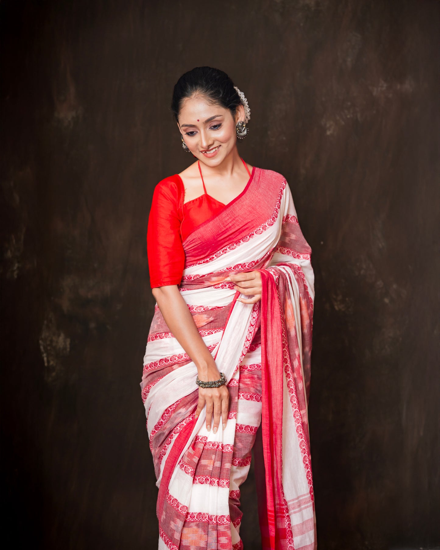 Premium White & Red Dhonekhali Saree
