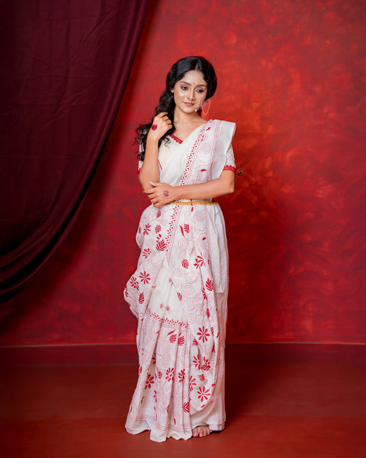 Premium White & Red Handloom Cotton Saree
