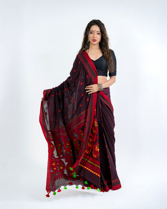 Phulia Handwoven Cotton Tangail Saree — Deep Maroon & Crimson