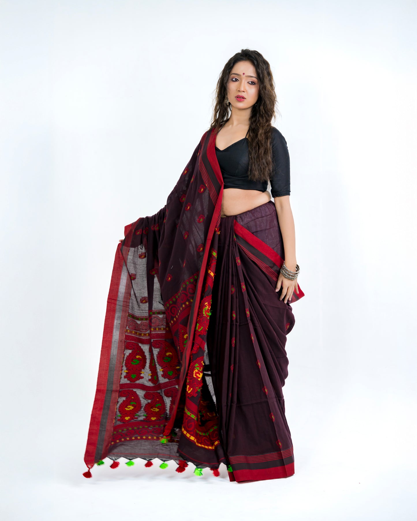 Phulia Handwoven Cotton Tangail Saree — Deep Maroon & Crimson
