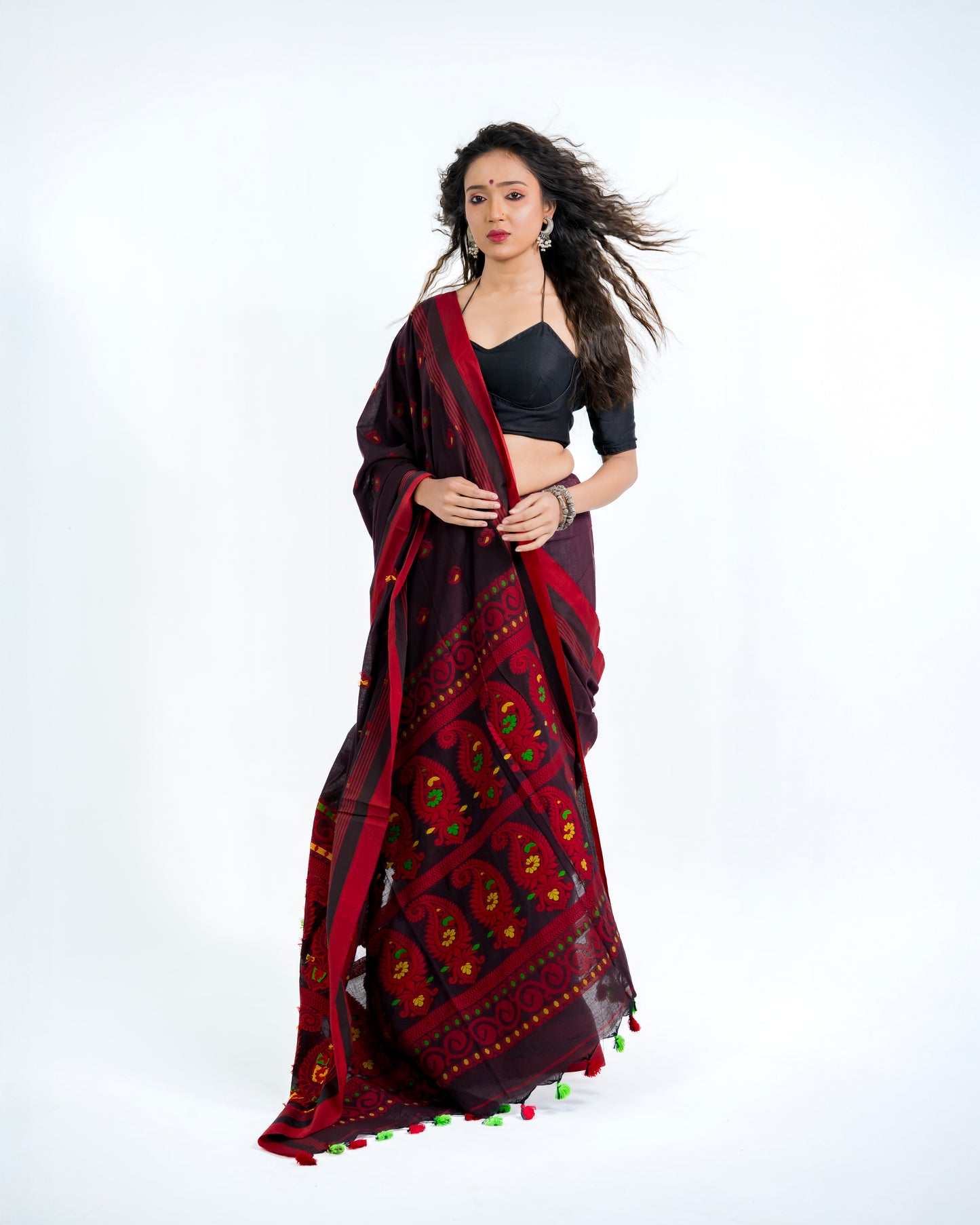 Phulia Handwoven Cotton Tangail Saree — Deep Maroon & Crimson