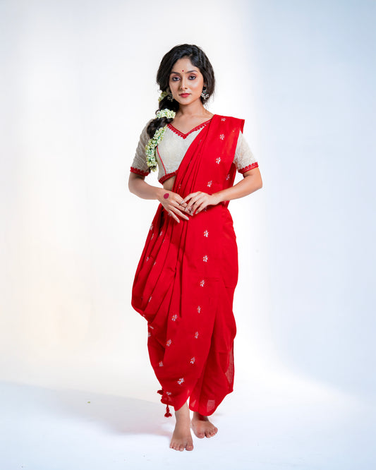 Shiuli Handwoven Cotton Saree — Available in Red & Yellow colours