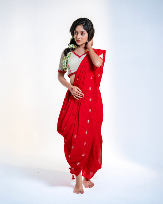 Shiuli Handwoven Cotton Saree — Available in Red & Yellow colours