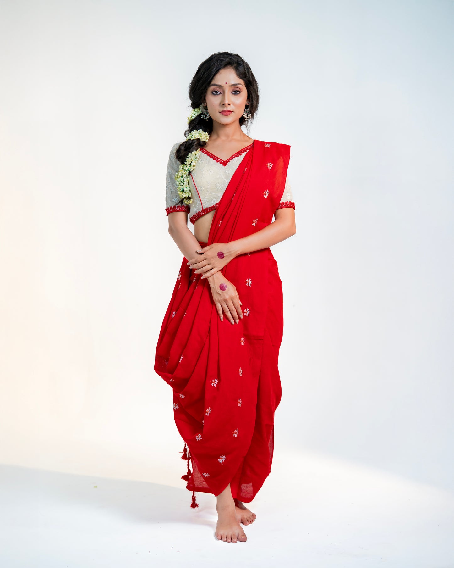 Shiuli Handwoven Cotton Saree — Available in Red & Yellow colours